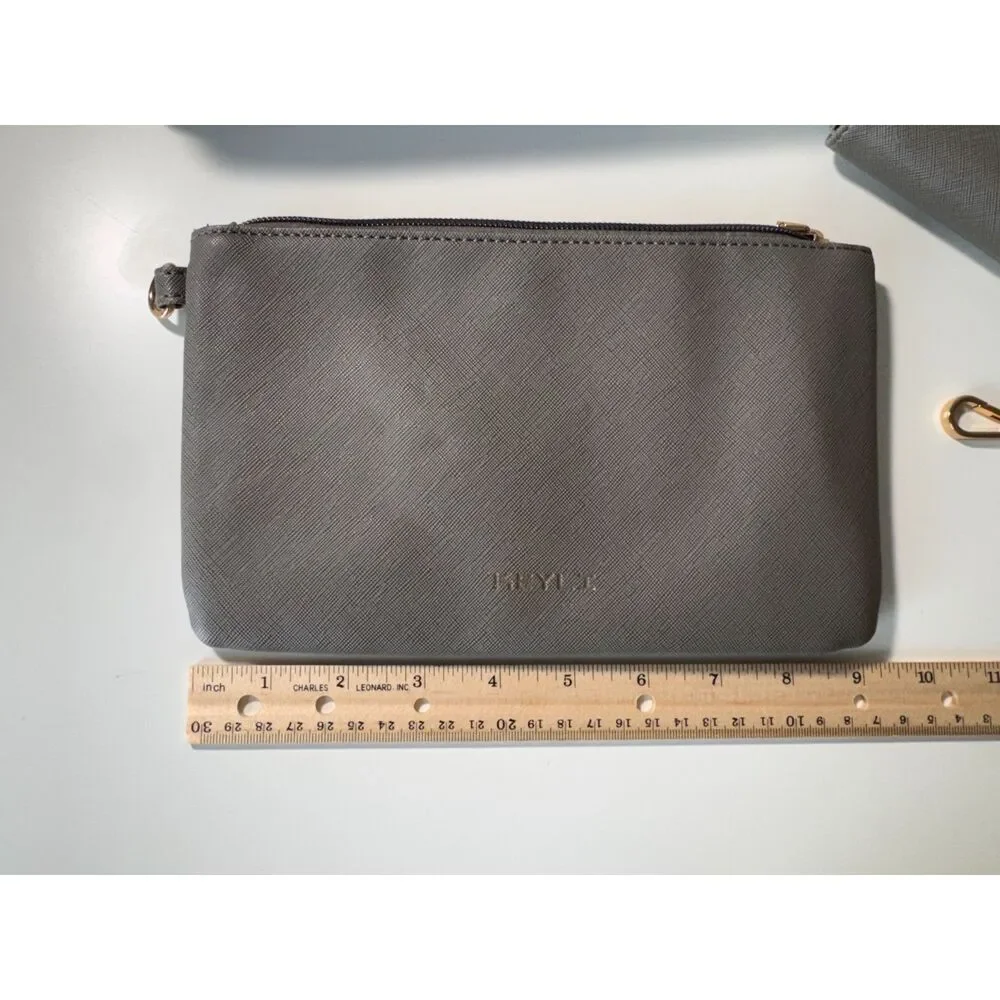 Gray Saffiano Faux Leather 4pc Wristlet Clutch Wallet Cosmetic Bag Set Gold Tone